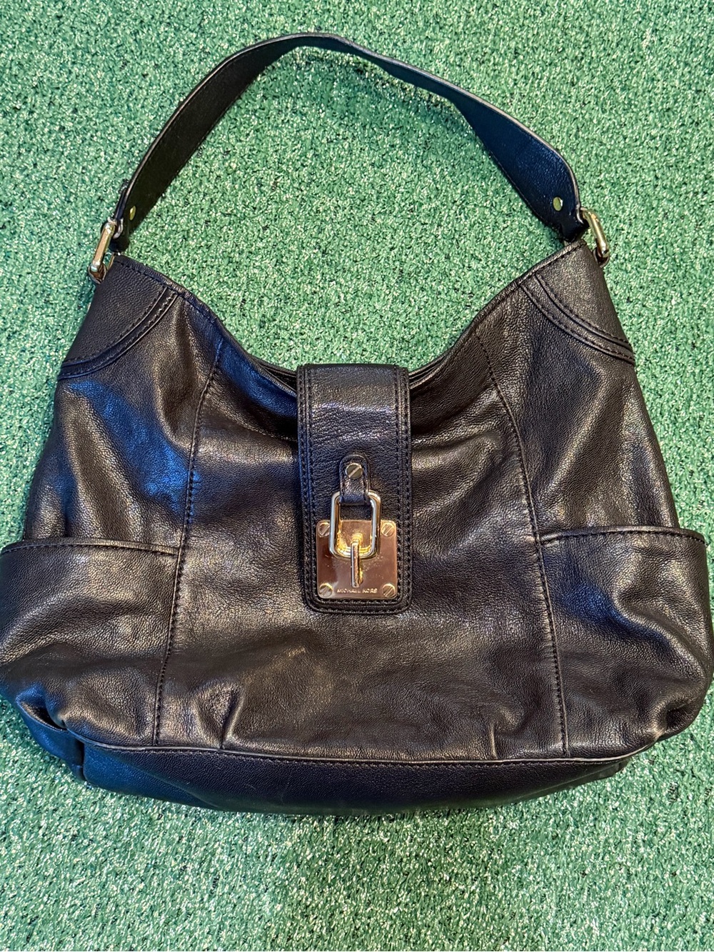 Michael Kors Black Leather Shoulder Hobo with Gold Tone Hardware